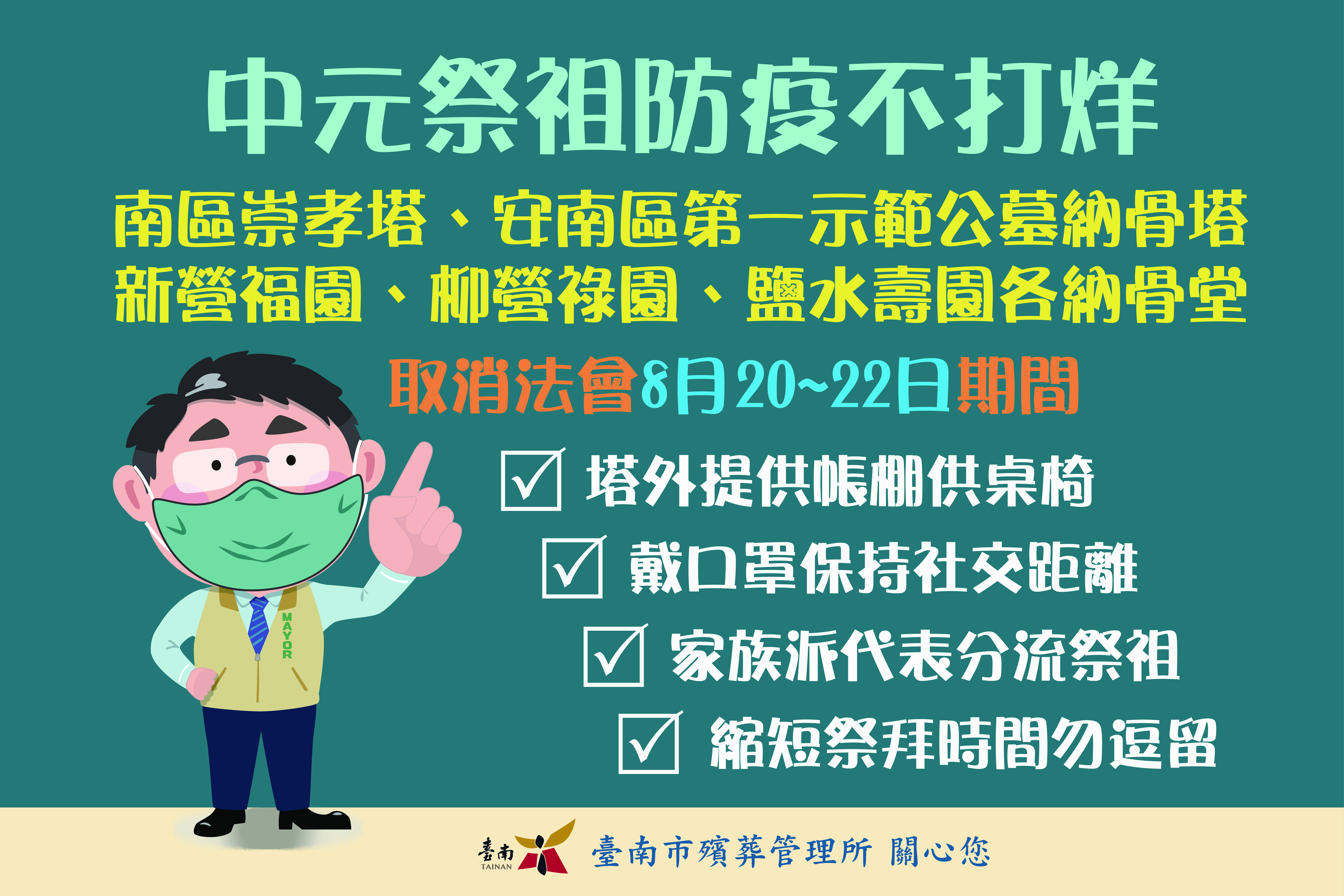 取消法會8月20日~22日期間塔外提供帳棚供桌椅戴口罩保持社交距離家族派代表分流祭祖縮短祭拜時間勿逗留